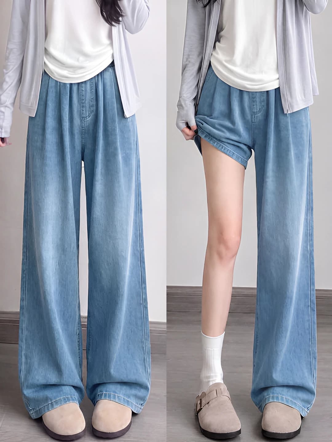 Women's wide and flared jeans, autumn 2026, thin, high waist, straight cut, loose fit, preppy style, for petite