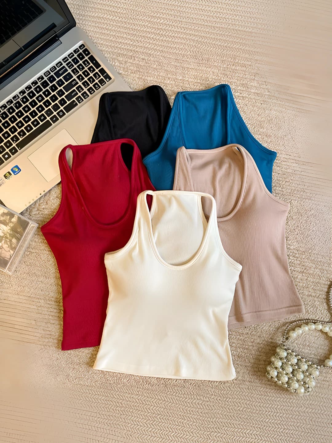 Women's slim fit slimming tank top, low neckline, solid colour, all-season, with bra and underwear, 90%–95% cotton