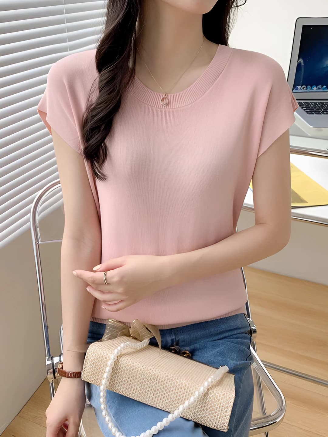 Women's 2026 summer ice-silk fabric knitted sleeveless top, solid colour, loose fit, cropped, crew neck, slim fit