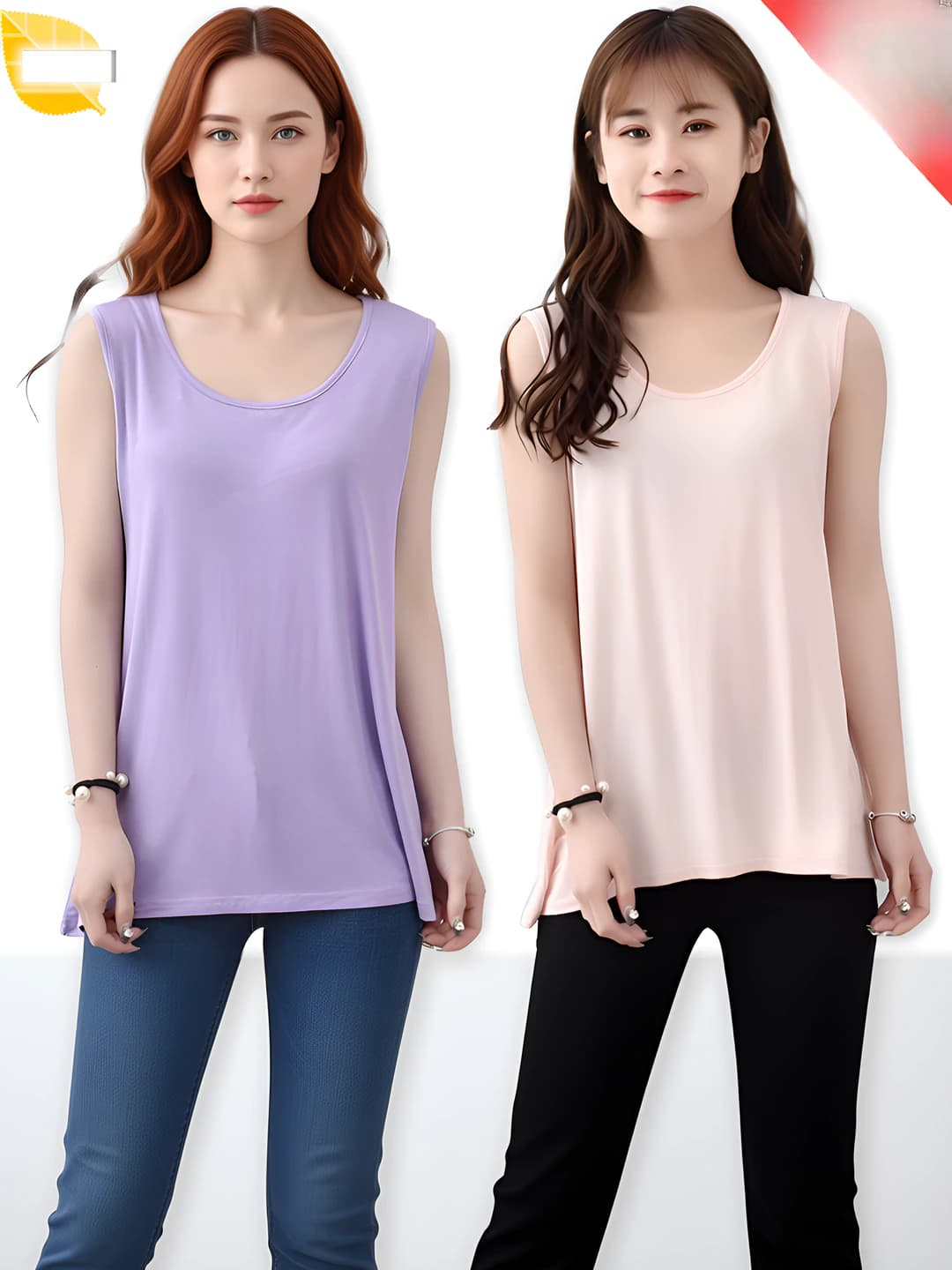 Women's thin stretch modal tank top, long, loose fit, solid colour, U-neckline