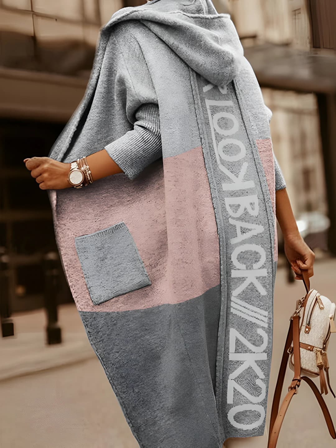 Women's autumn-winter cashmere cardigan, loose fit, long sleeve, mid-length, hooded, color-block pattern, with letter design