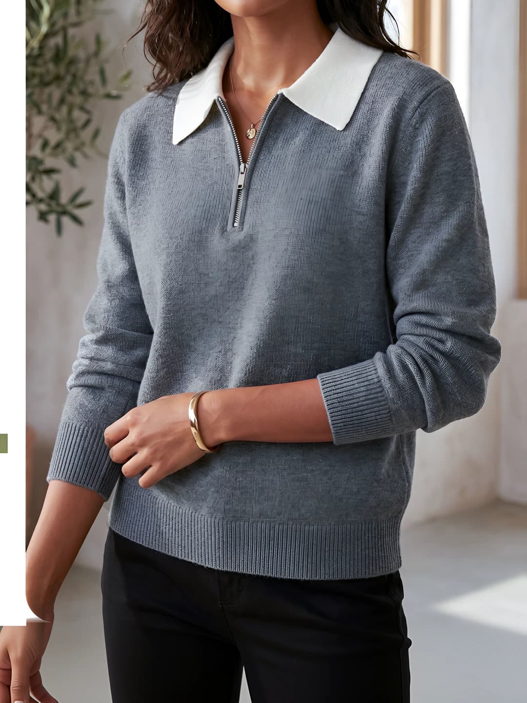 Women's knit top sweater autumn-winter, lapel collar, with zip, slim fit, long sleeve