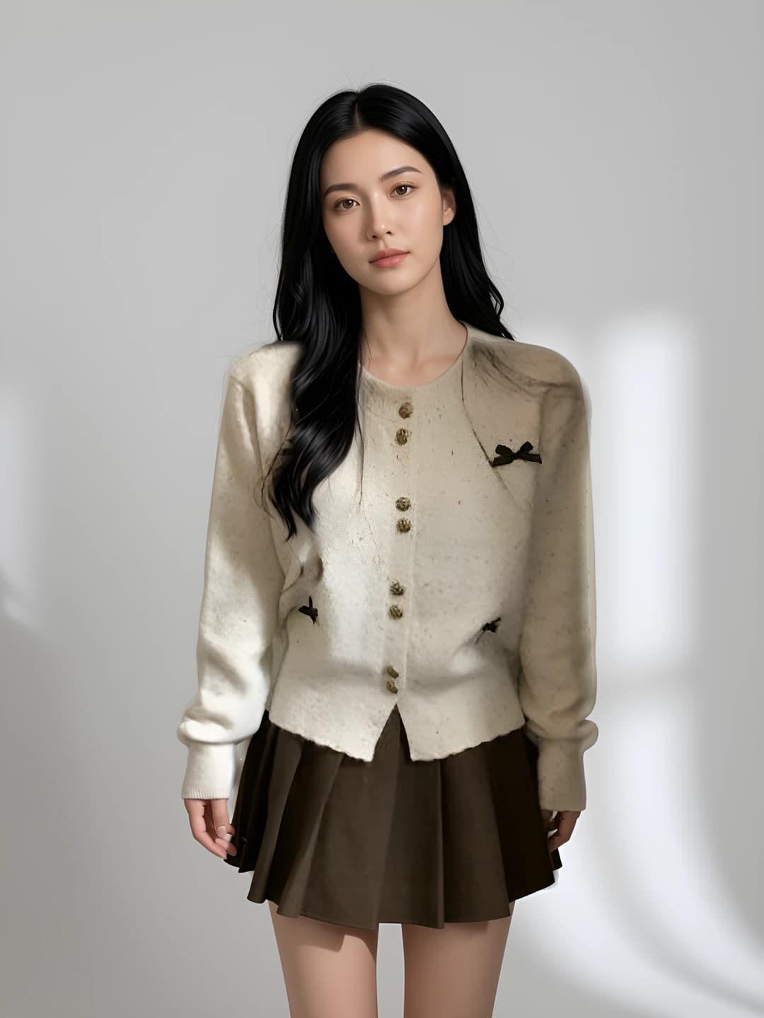 Women's spring-autumn long sleeve crew neck solid colour slim fit elegant knit cardigan