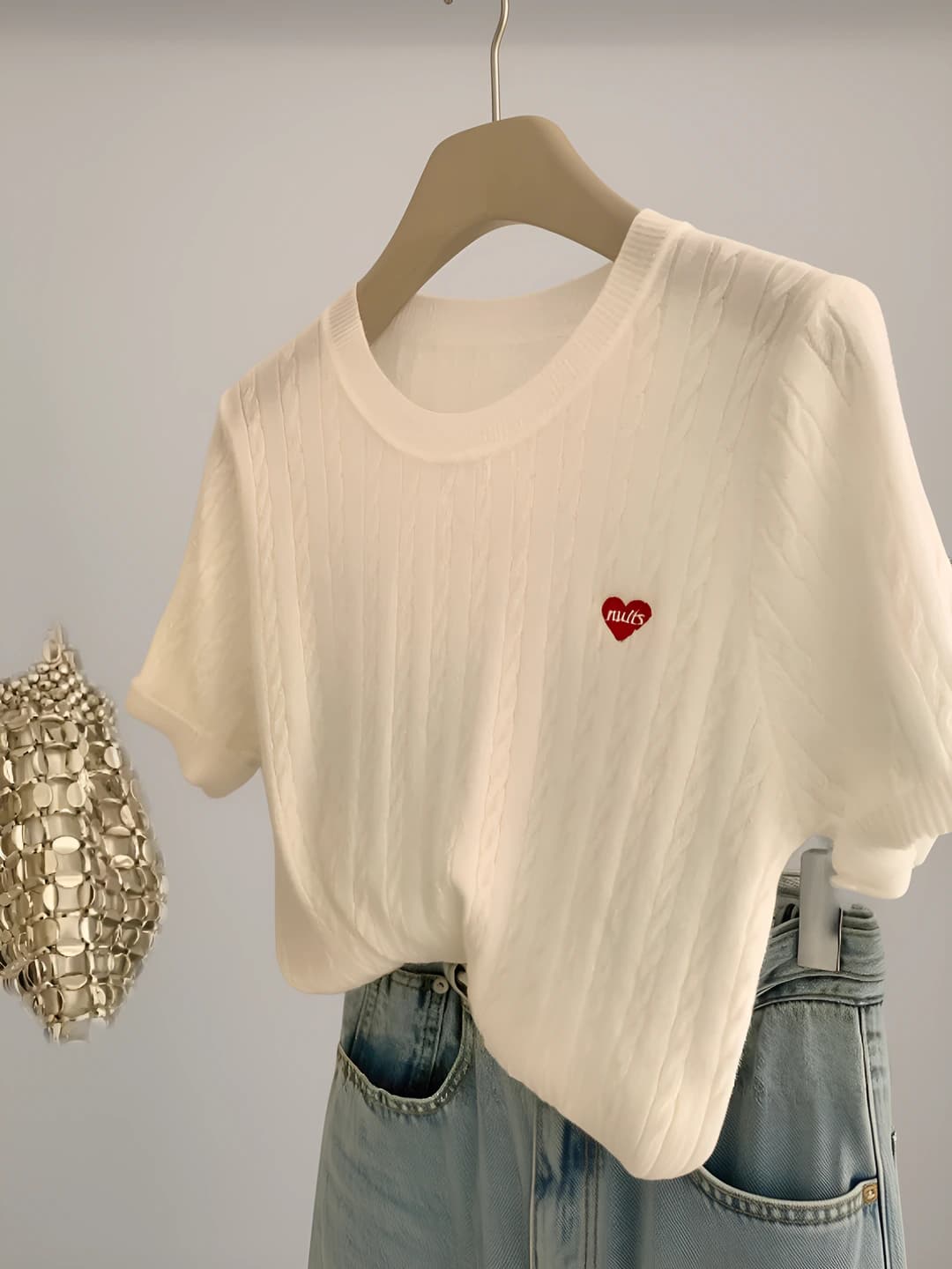 Women's 2026 summer loose fit embroidered sweater, crew neck, short sleeve, solid colour, knitted top