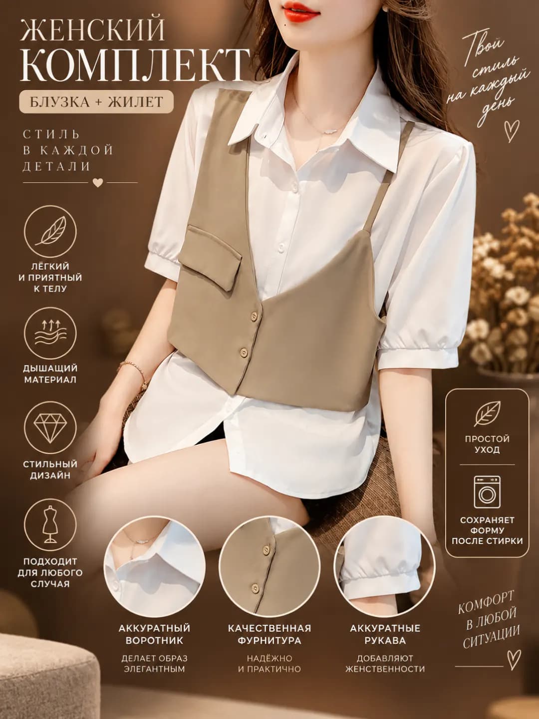 Ayollar uchun polo yoqali, patchwork uslubidagi ikki qatlamli ko'rinishdagi ko'ylak-shirt, kalta yengli, bo'sh (oversize) kesimli, sheshonli yozgi bluzka