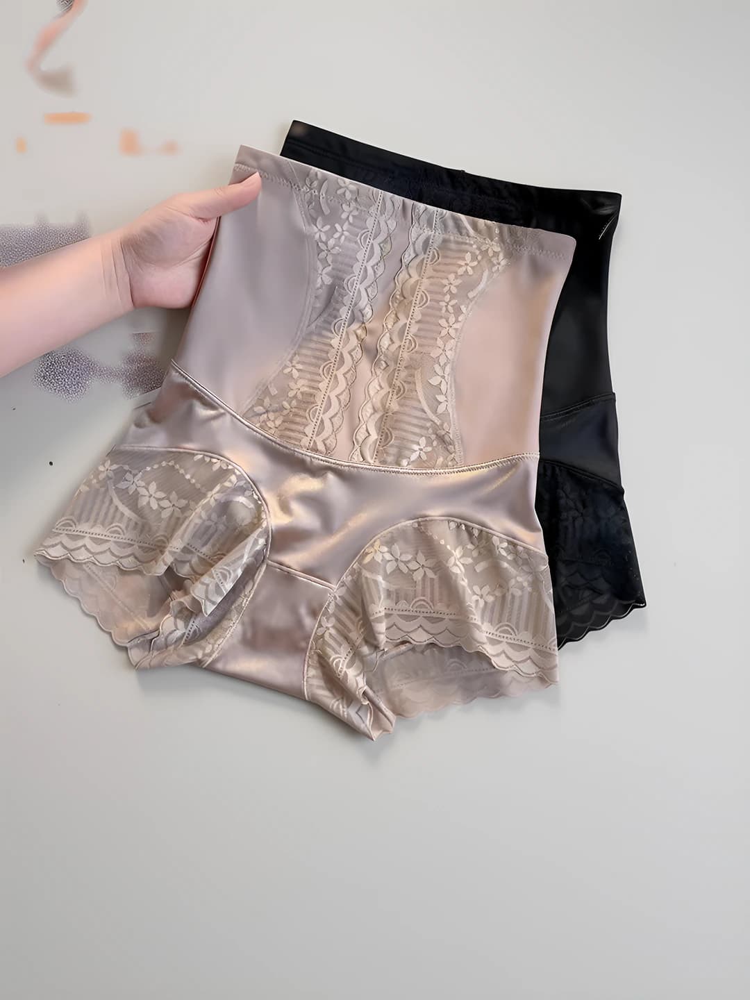 Women's high waist ice-silk fabric seamless tummy control hip-lifting lace shapewear briefs