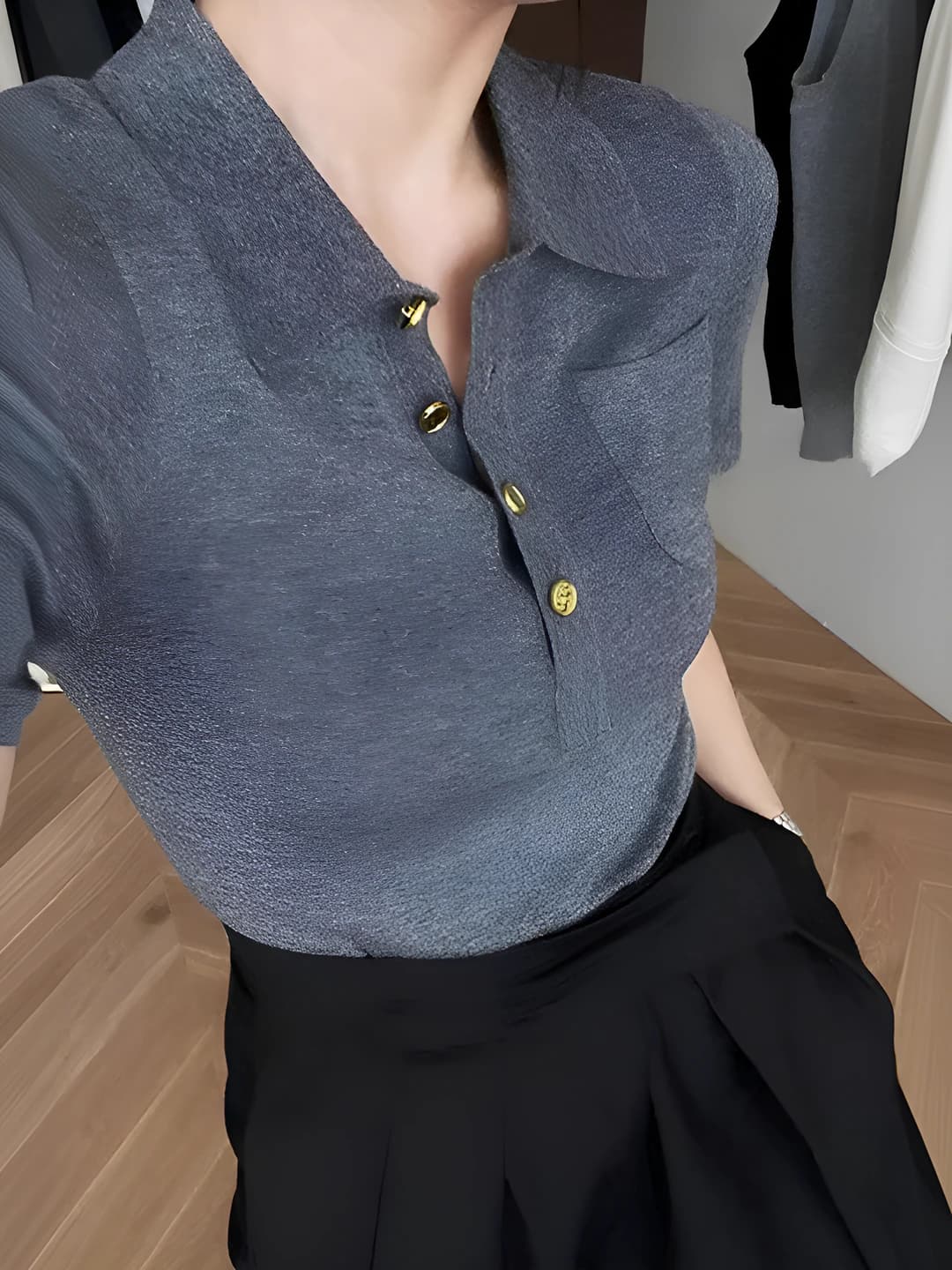 Women's summer knit top, polo collar, solid colour, slim fit, short sleeve, thick
