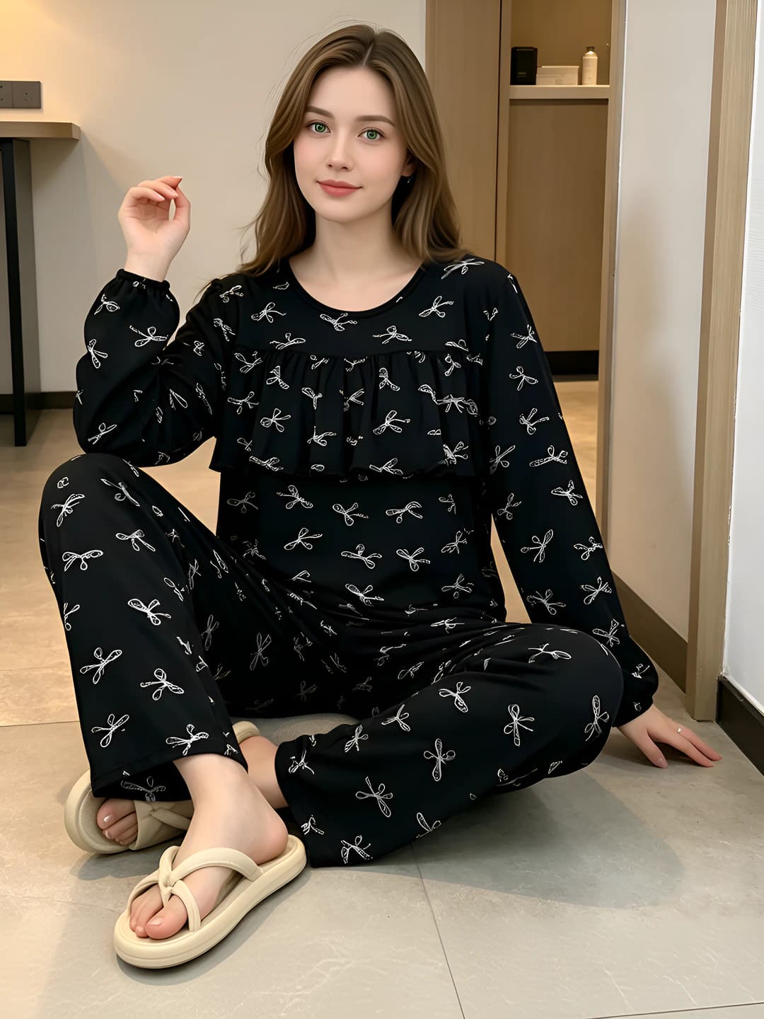 Ayollar uchun katta o'lchamli mo'dal mato pijama to'plami, uzun yeng, uzun shim, yupqa, dumaloq yoqa, kundalik uslub