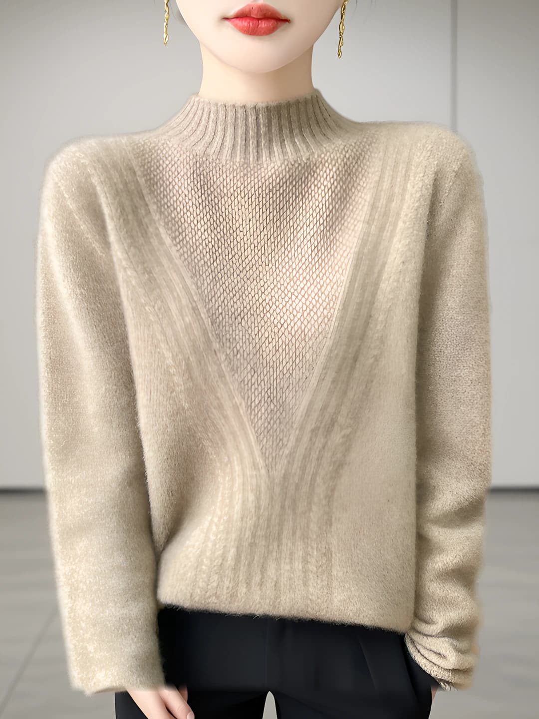 Women's wool sweater, cable knit, mock neck, long sleeve, loose fit, thickened, autumn-winter