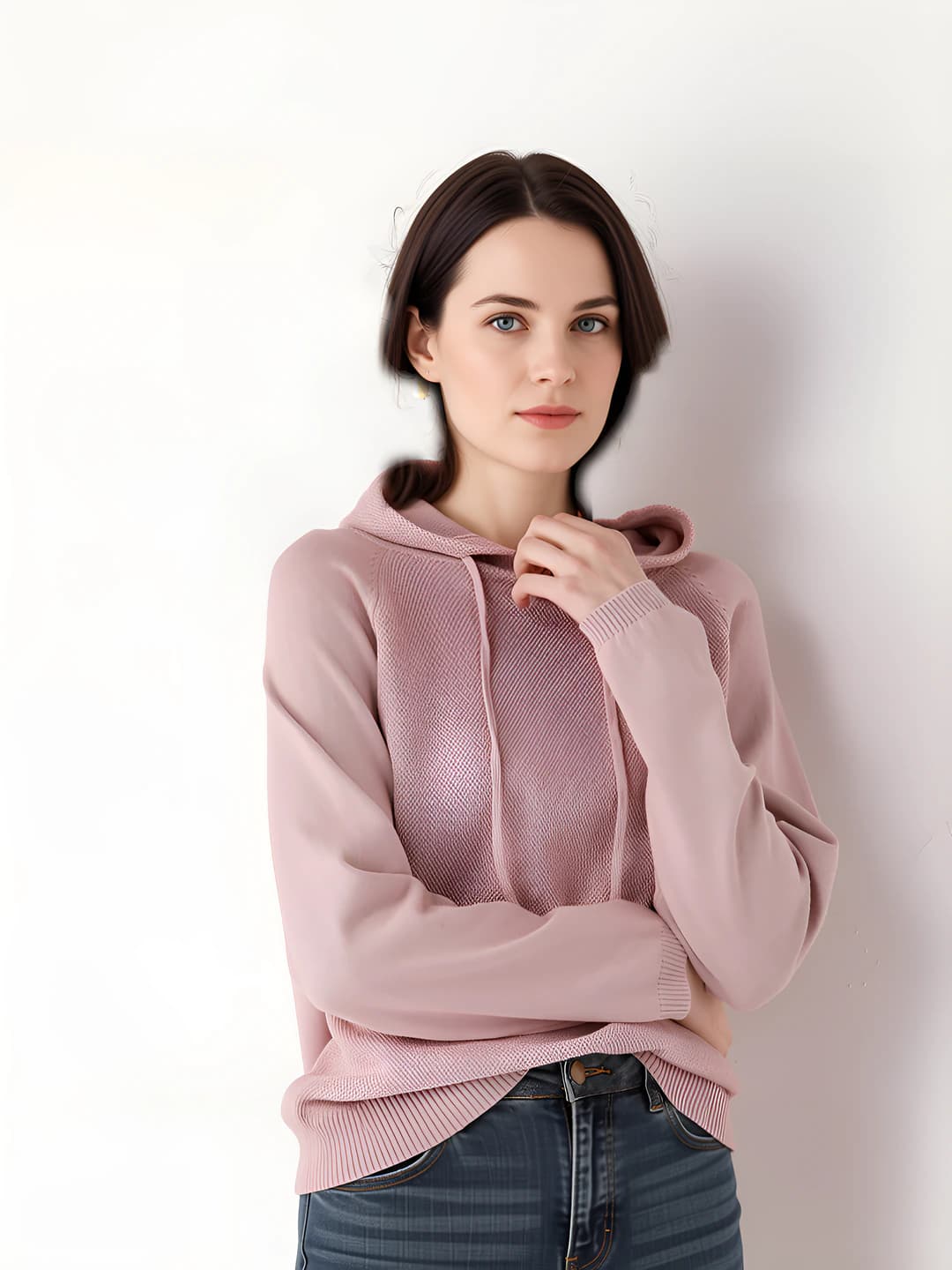 Women's hooded knit pullover, solid colour, loose fit, long sleeve, V-neck, thick, cotton fabric