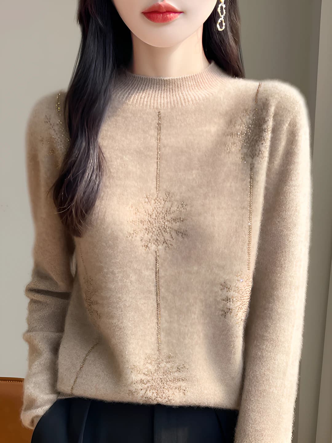 2026 winter women's pullover sweater, mock neck, loose fit, long sleeve, knit top, geometric pattern, hot fix rhinestones