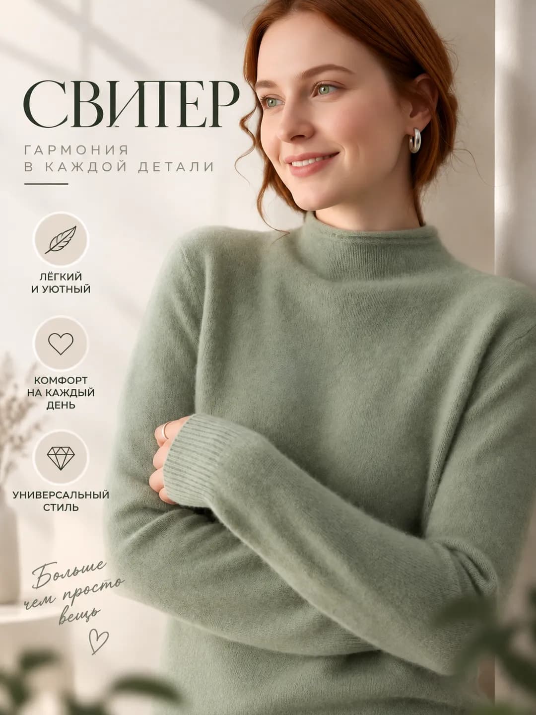 Женский кашемировый свитер, воротник-полустойка, длинный рукав, однотонный, свободный крой, плотный, вязаный