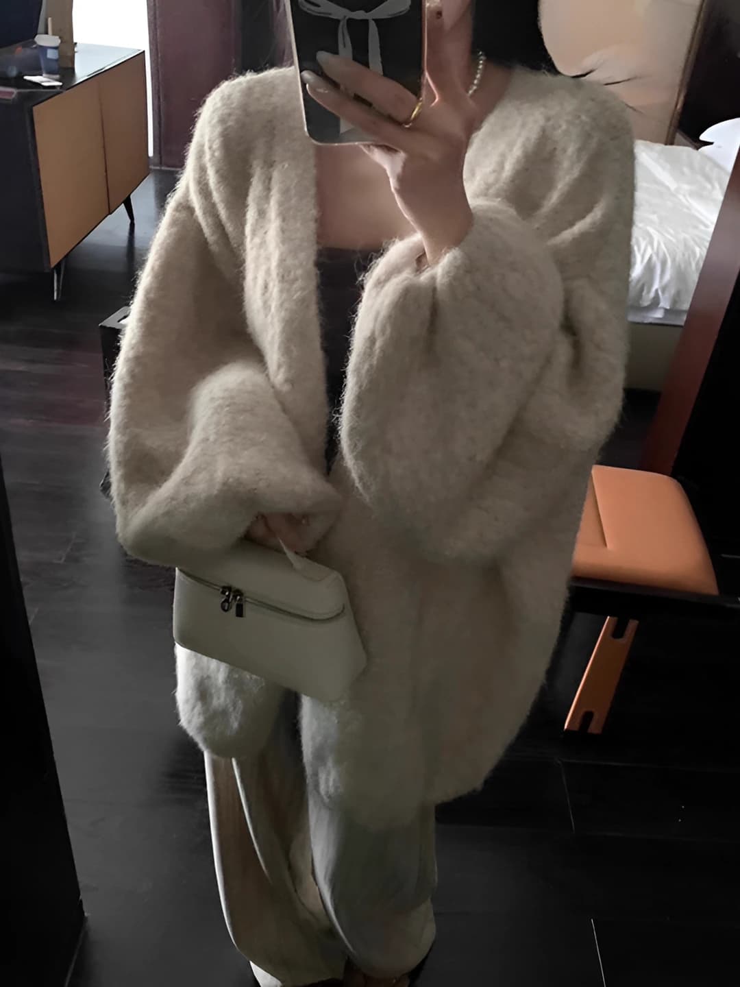 Ayollar uchun jun aralash kardigan, kuz-qish, bo'sh (oversize), uzun yeng, o'rta-uzun, bir rangli, yoqasiz, yeng turi: fener