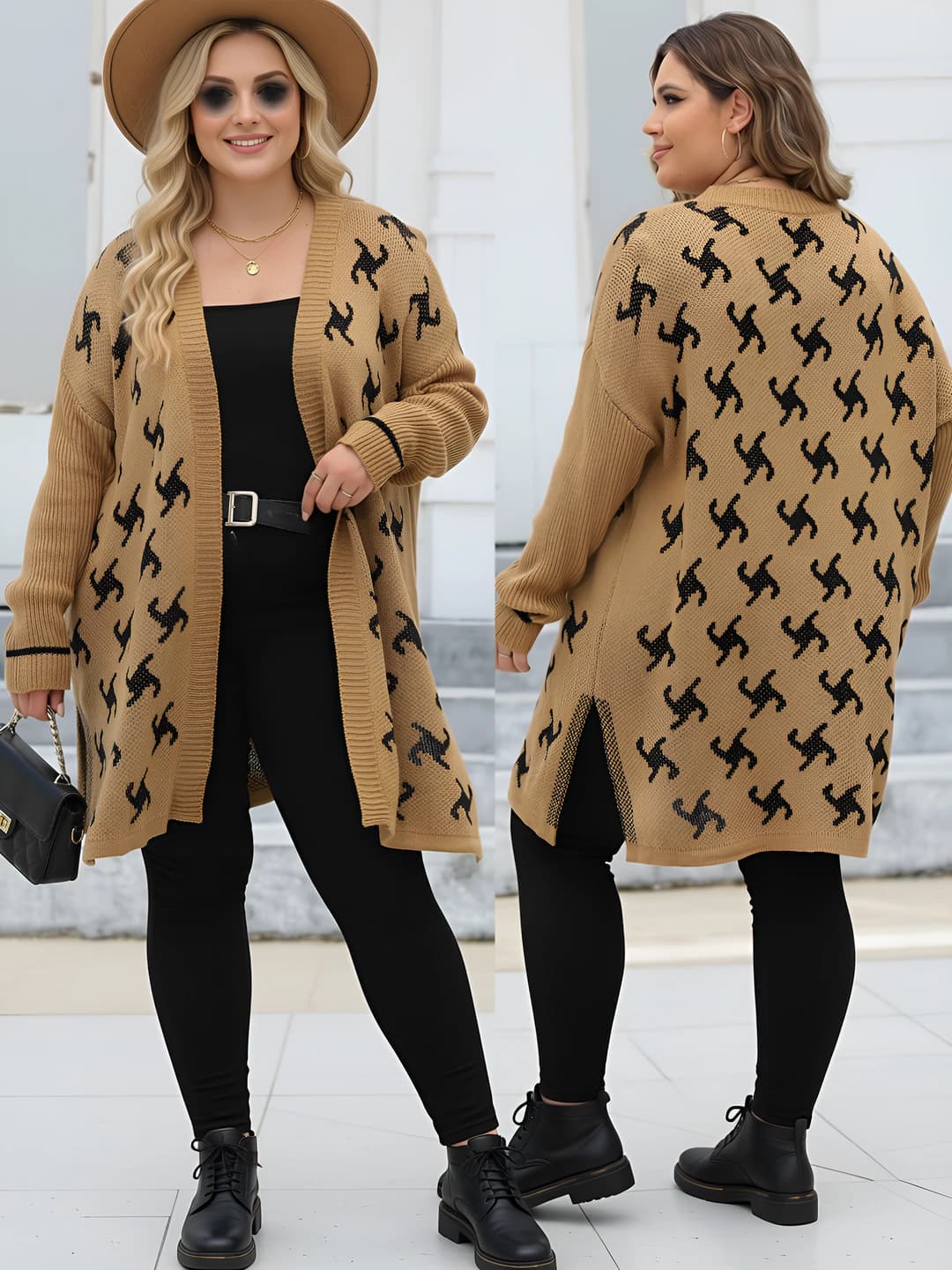 Women's plus size cardigan: autumn-winter, thick, loose fit, long sleeve, V-neck, geometric pattern, acrylic fabric