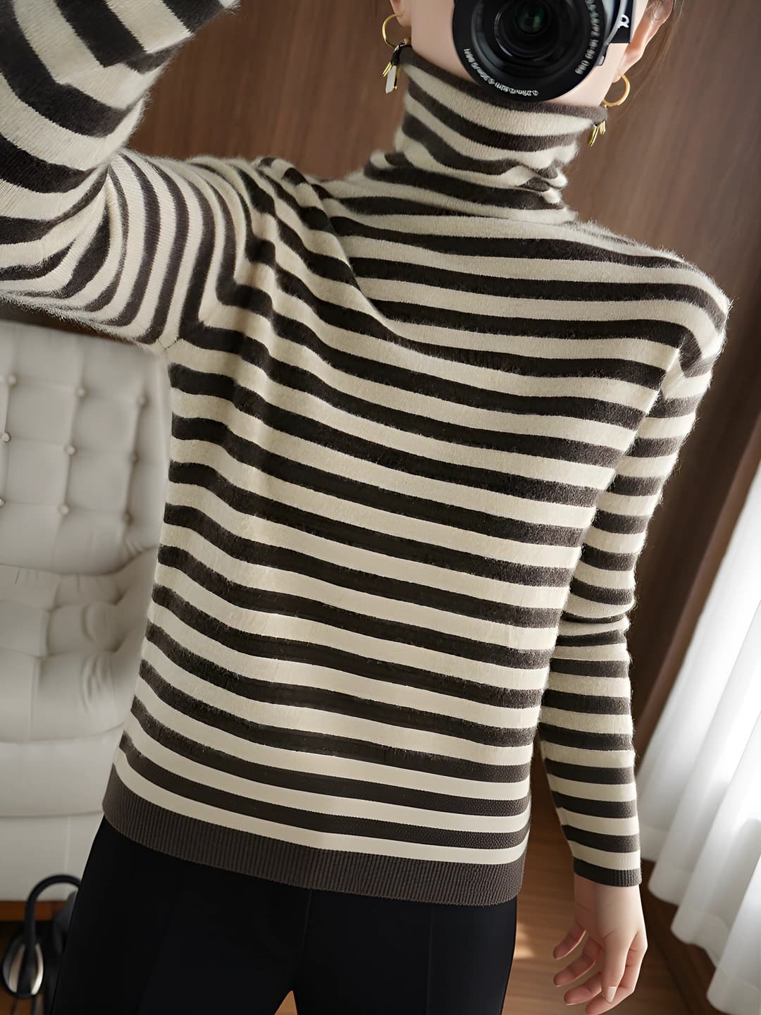 Women's striped warm autumn-winter turtleneck sweater, long sleeve, high neck, medium thickness