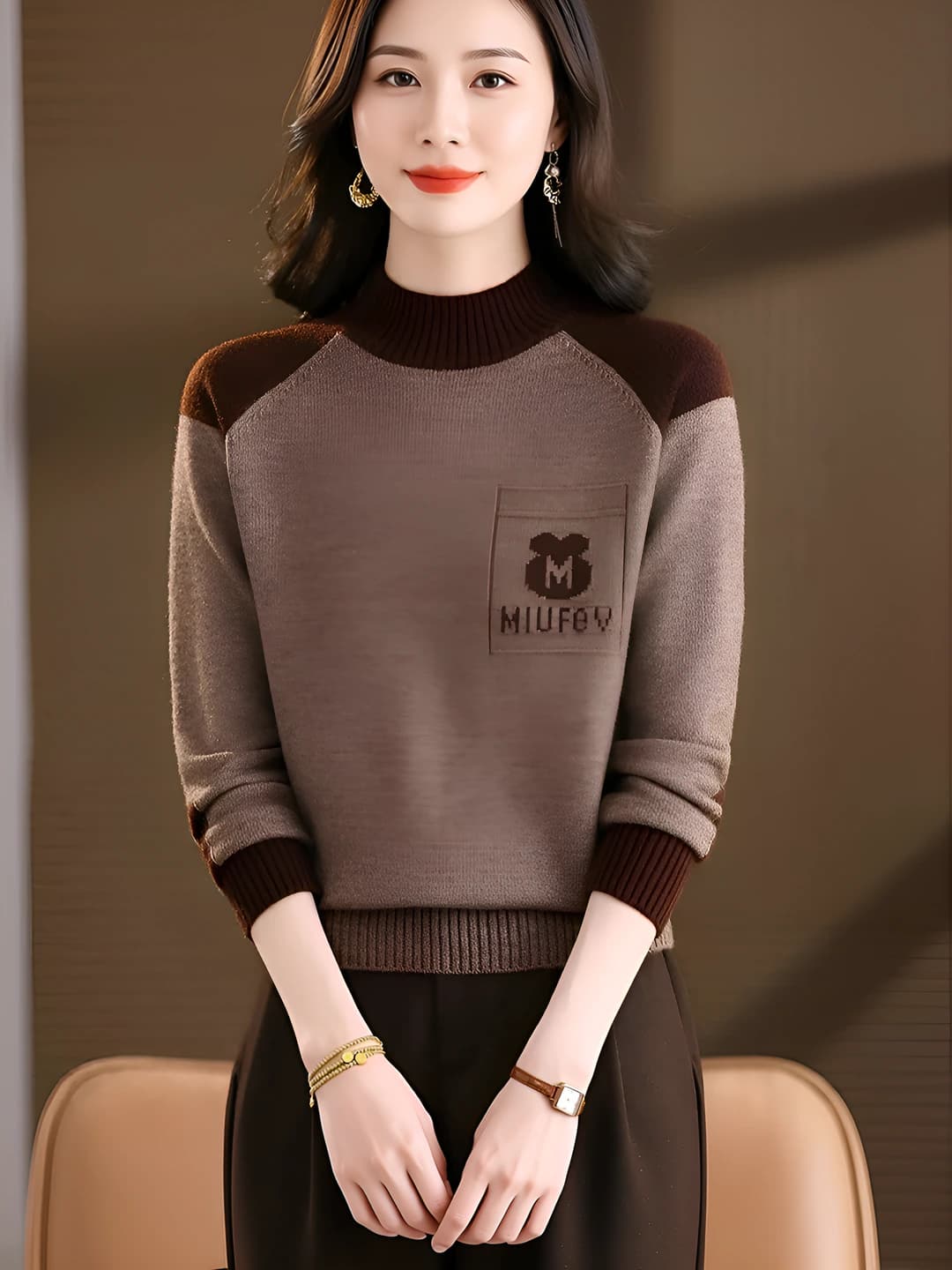 Women's knit pullover sweater with mock neck, slim fit, autumn-winter, long sleeve, loose fit