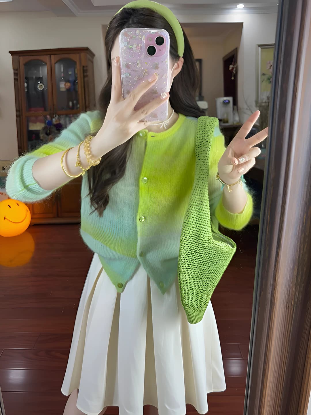 Women's knit cardigan: wool and polyester, green gradient, crew neck, long sleeve, loose fit, thin, button closure