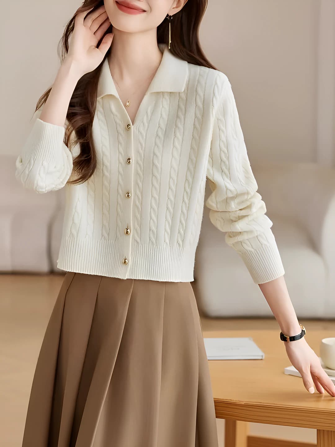 Women's autumn-winter cardigan, slim fit, solid colour, long sleeve, lapel collar, button closure, loose fit