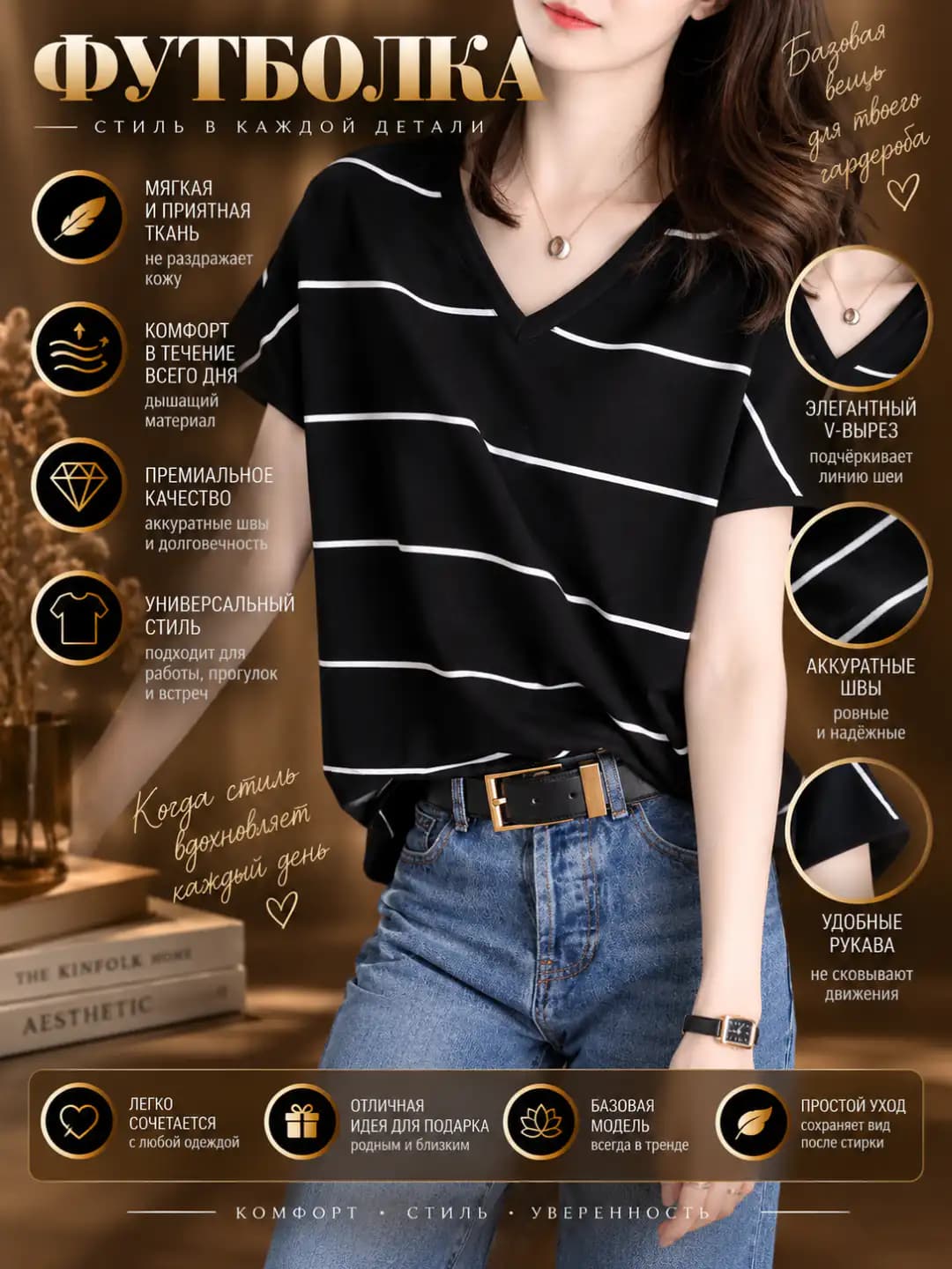Women's summer plus size striped V-neck loose fit short sleeve t-shirt