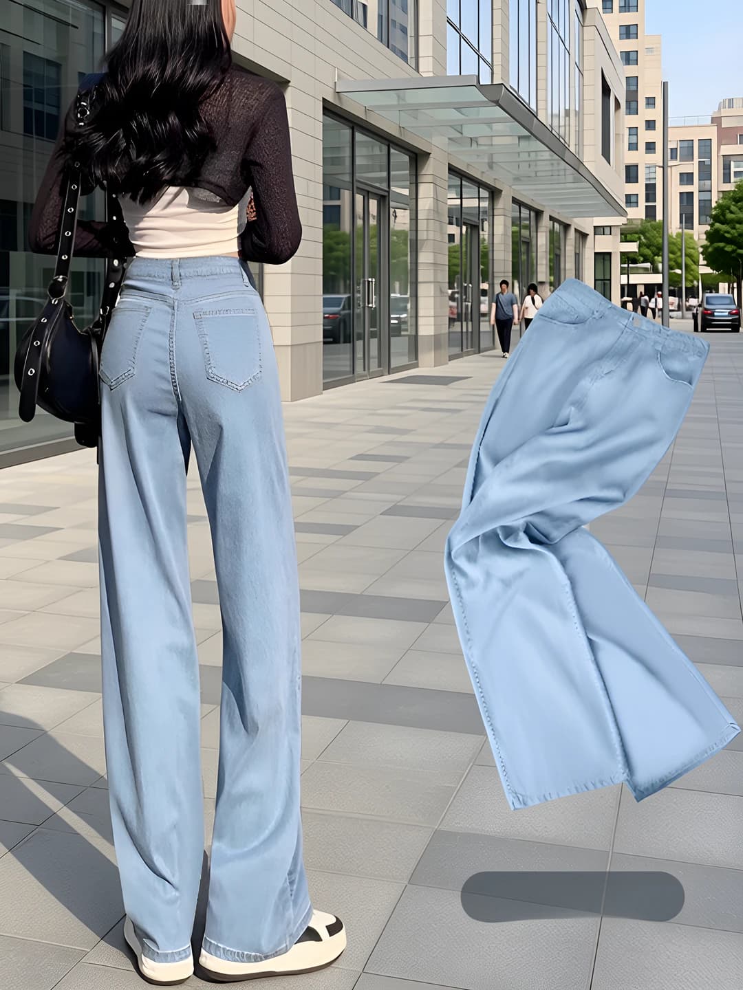 Women's summer wide and flared jeans, high waist, loose fit and straight cut, for petite, Tencel and ice-silk fabric