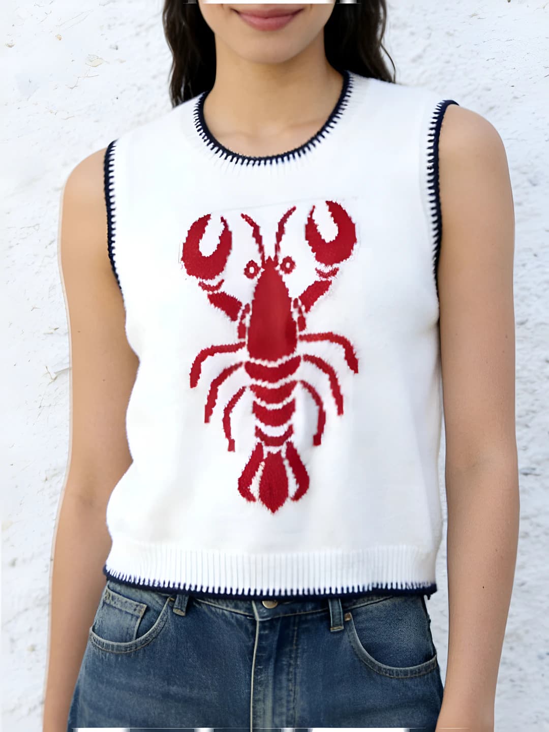 Women's embroidered vest: crew neck, sleeveless, slim fit sweater, animal pattern, contrast trim