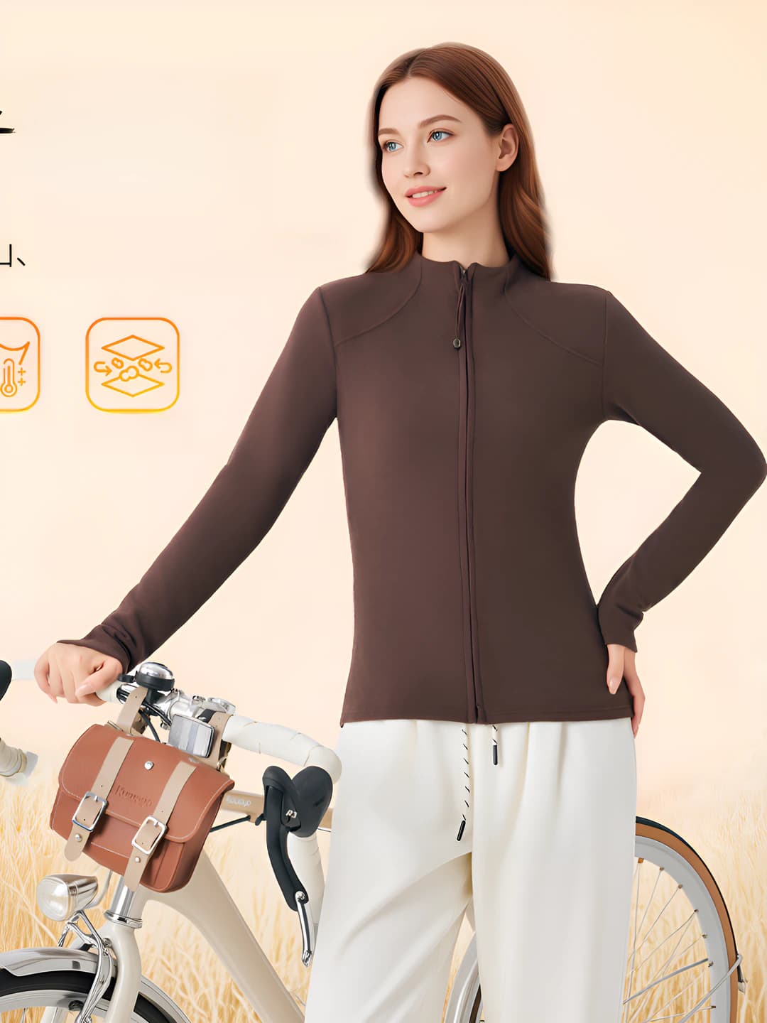 Women's autumn-winter thermal underwear top: stand collar, fleece-lined, windproof, long sleeve, solid colour, slim fit, slimming, warm, tummy control, antibacterial, fleece-lined, fleece-lined, fleece-lined