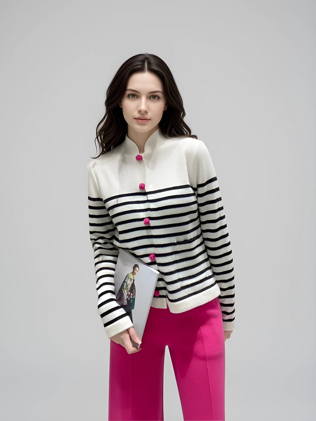 Women's striped cashmere cardigan, spring 2026, stand collar, long sleeve, medium thickness