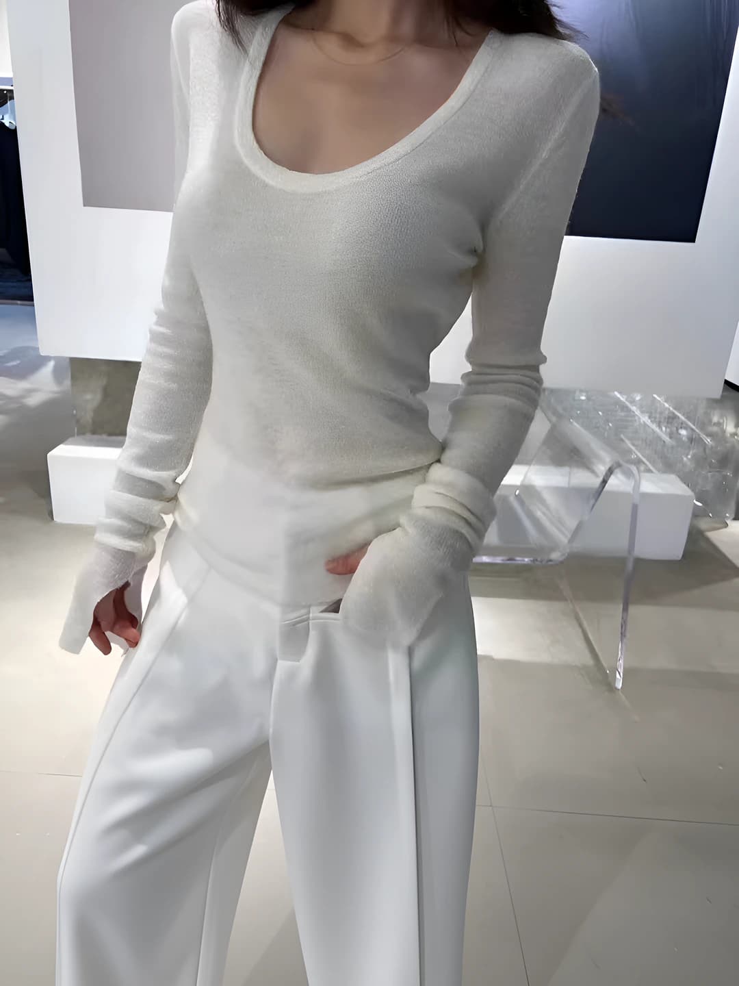 Women's white knit top, spring-summer 2026, low neckline, slim fit, long sleeve, knitted top