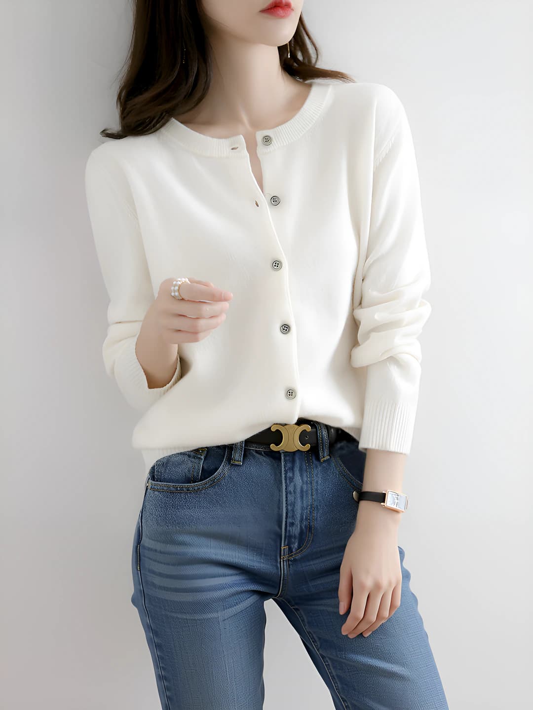 Women's 2026 Korean style crew neck, long sleeve, slim fit, solid colour, single row button closure, autumn-winter cardigan