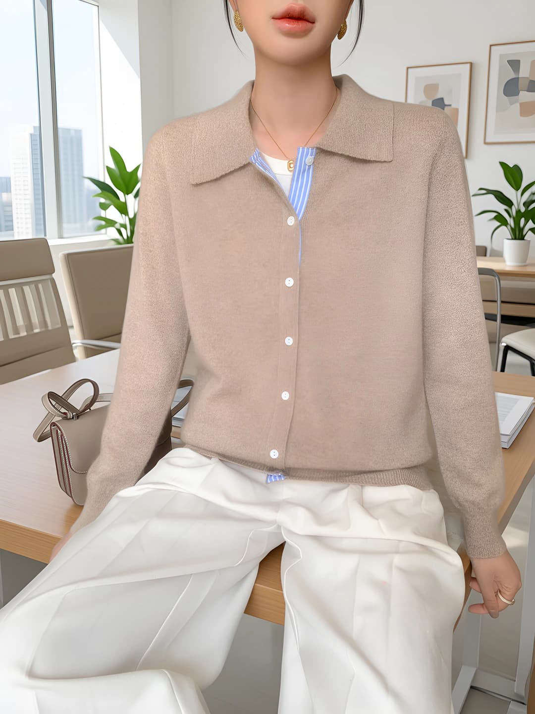 Women's spring polo collar slim fit striped knit cardigan