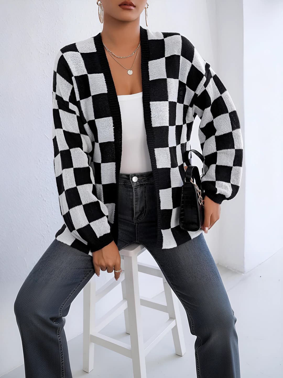 Women's mid-length V-neck long sleeve checkered casual cardigan