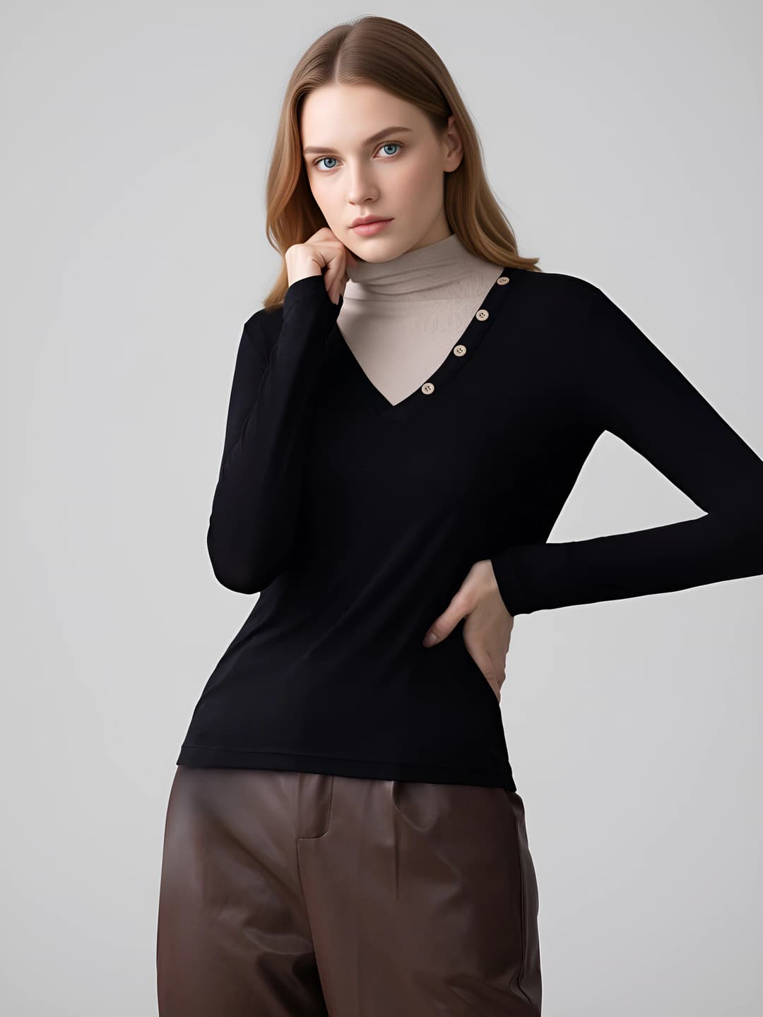 Women's long-sleeve base top, mock neck, wool and acrylic fabric, for winter, spring, autumn
