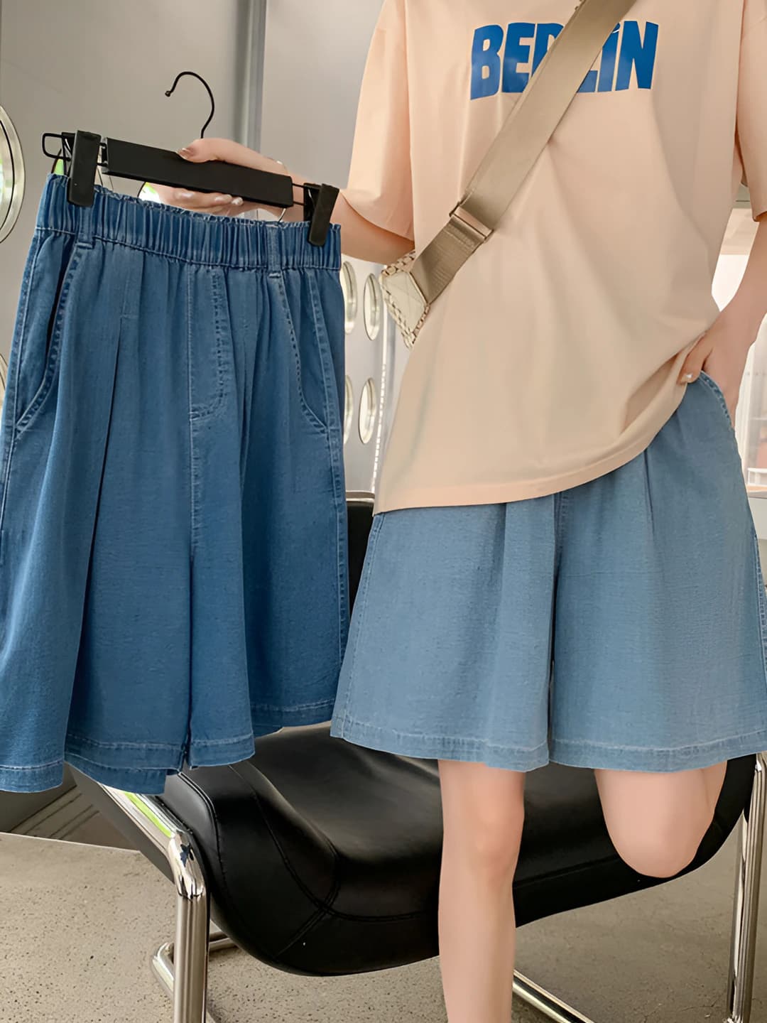 Women's summer thin high waist knee-length shorts, straight cut, loose fit, slimming, casual jeans
