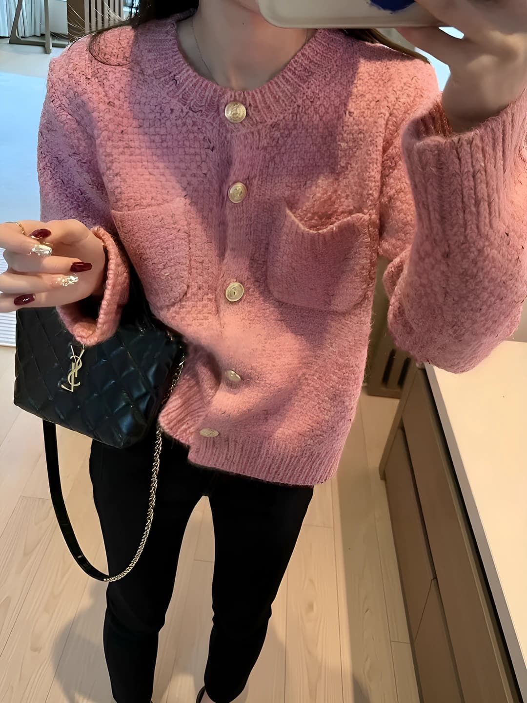 Women's spring French style knit cardigan with crew neck, long sleeve and cropped fit