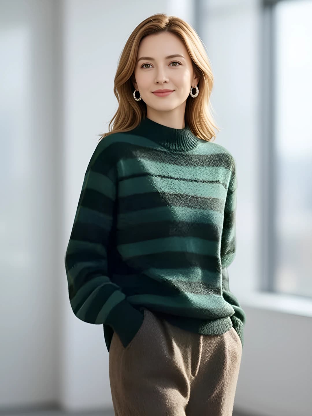 Women's retro striped loose fit casual knit sweater, long sleeve, mock neck, spring-autumn-winter