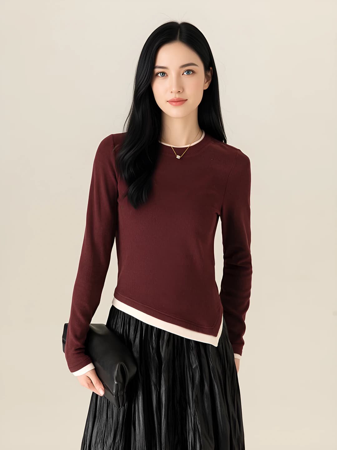 Women's 2026 early autumn crew neck long sleeve long-sleeve base top, slim fit, solid colour, for petite