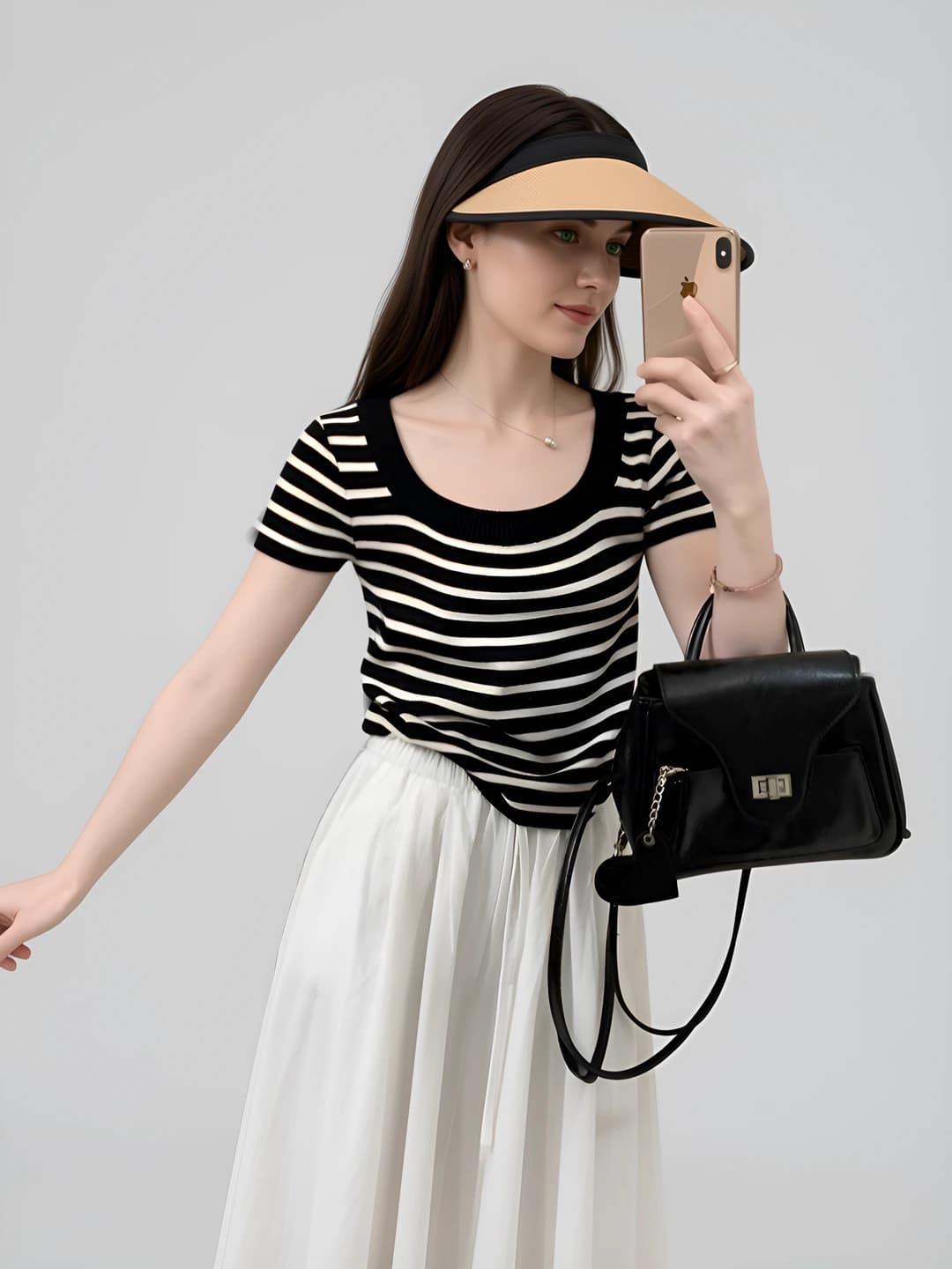 Women's striped square-neck knitted short-sleeve top, summer thin, ice-silk fabric, slim fit, slimming, cropped, outerwear, straight shoulder