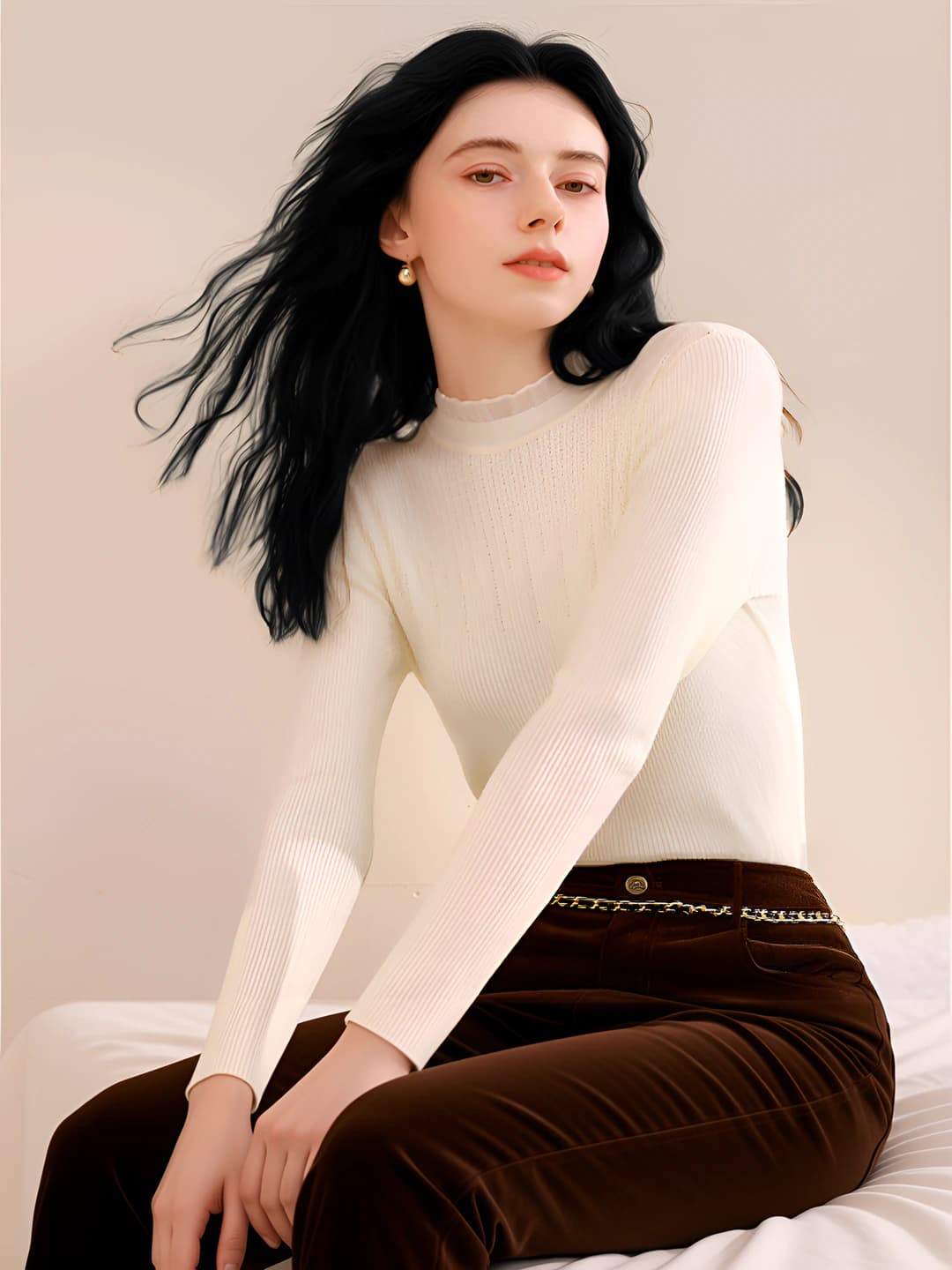 Women's lace slim fit long sleeve mock neck knitted pullover sweater top, autumn-winter 2026