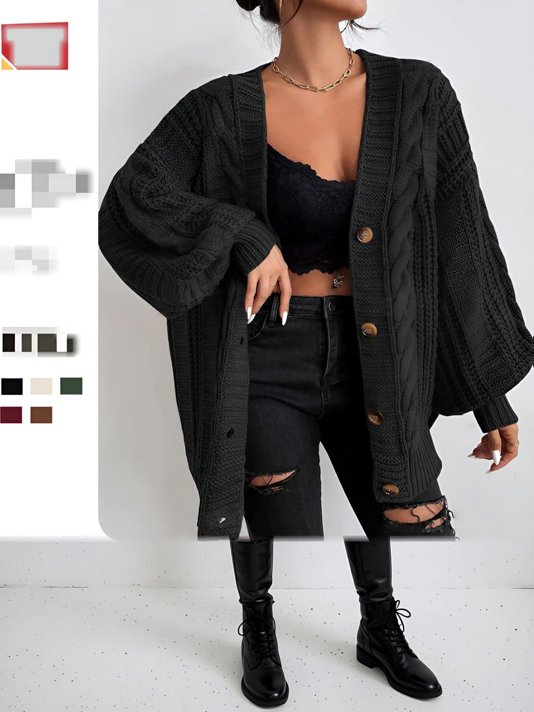 Ayollar uchun retro uslubdagi V-yoqa, o'rma to'quv, bo'sh (oversize) kardigan