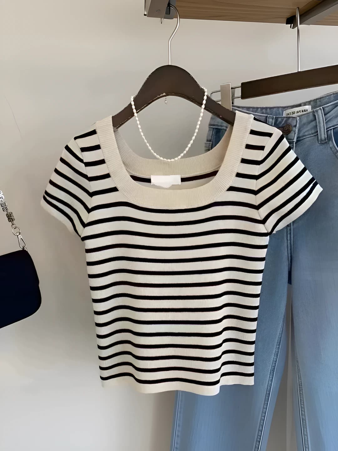Women's striped short-sleeve thin t-shirt, 2026 spring, slim fit, square neck, knit