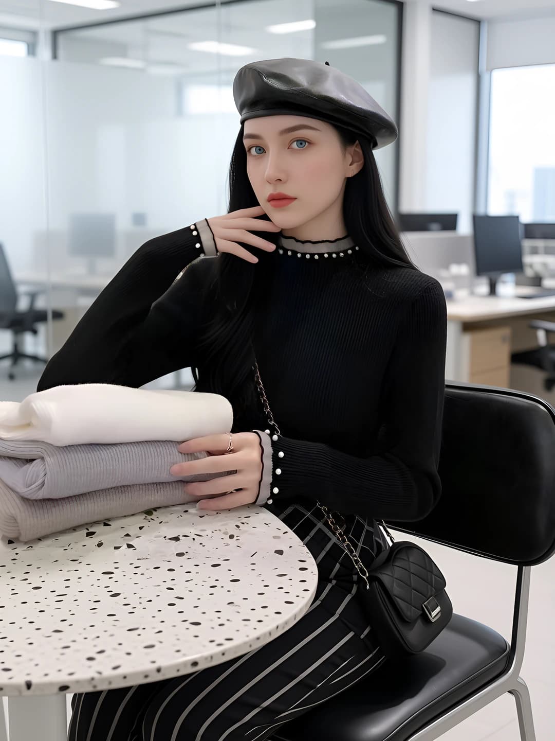 Women's knit top, mock neck, slim fit, slimming, long sleeve, lace, solid colour, black