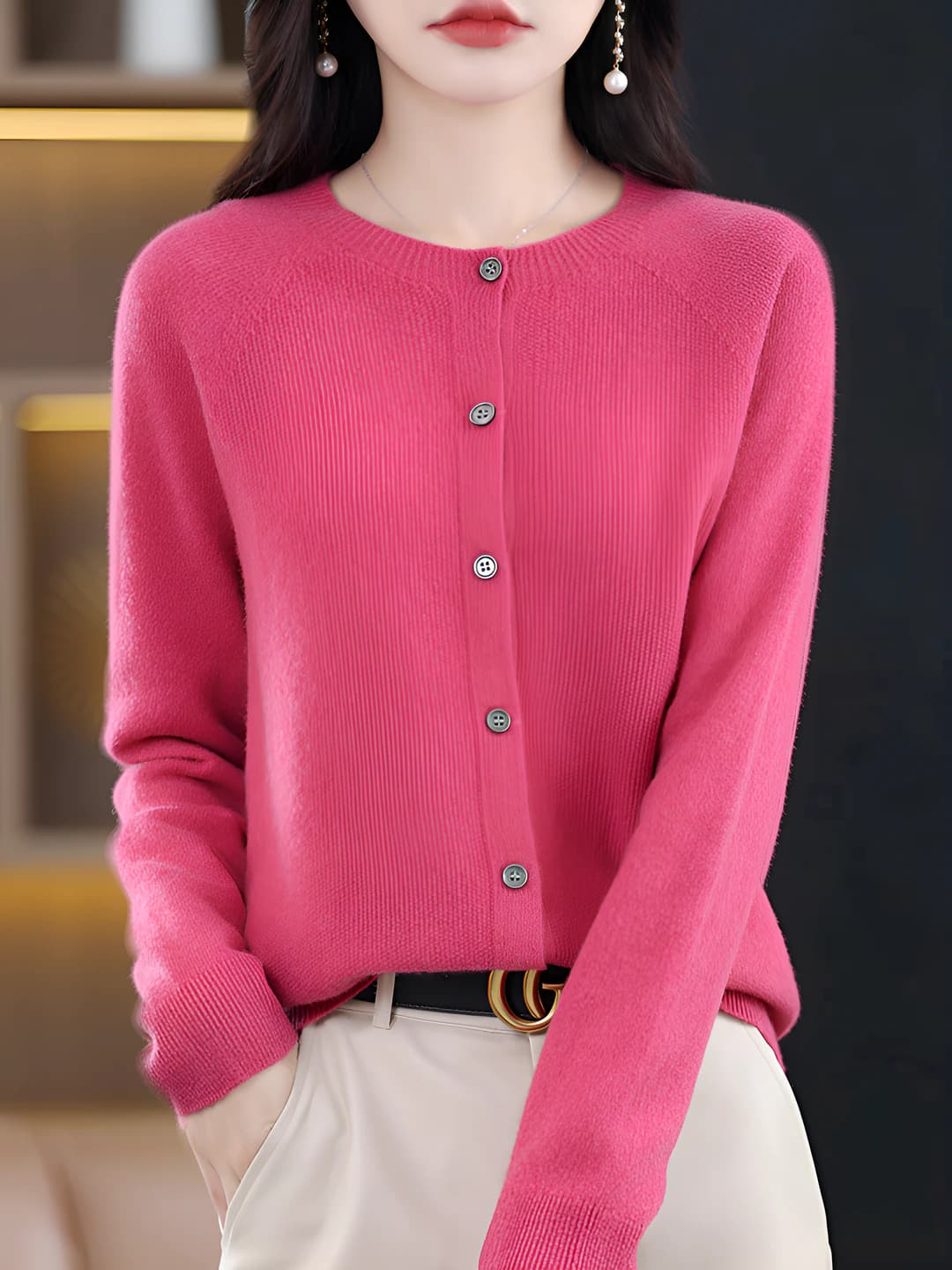 Women's 2026 autumn classic retro style crew neck long sleeve solid colour knit cardigan