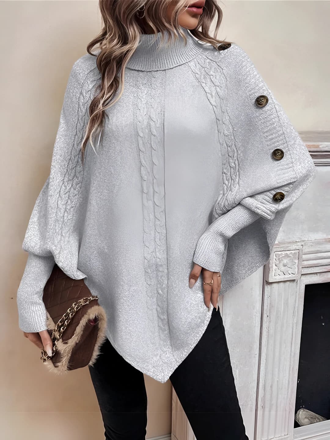 Women's autumn-winter sweater with high neck, long sleeve, loose fit, solid colour