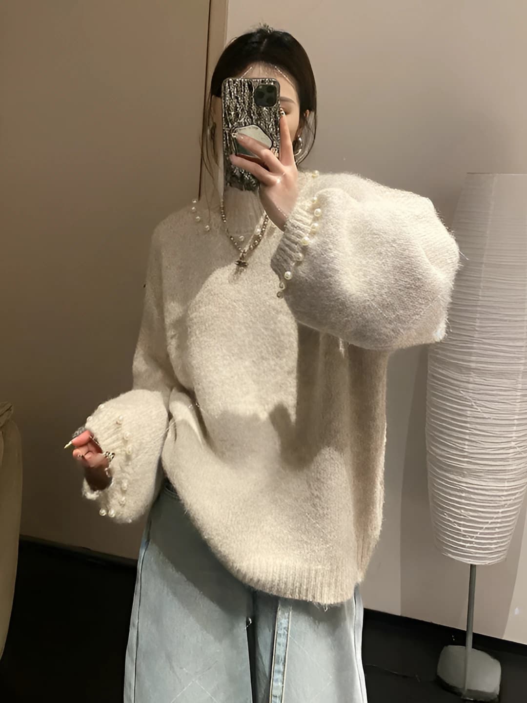 Women's autumn-winter sweater, slimming, crew neck, long sleeve, solid colour, with wool blend