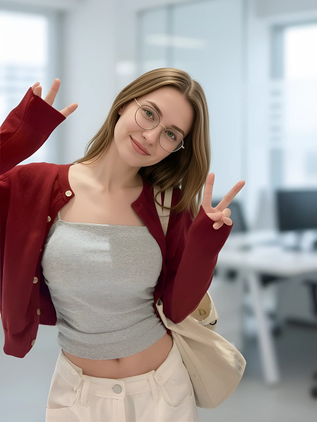 Women's 2026 early autumn red knit cardigan, crew neck, long sleeve, slim fit, medium thickness