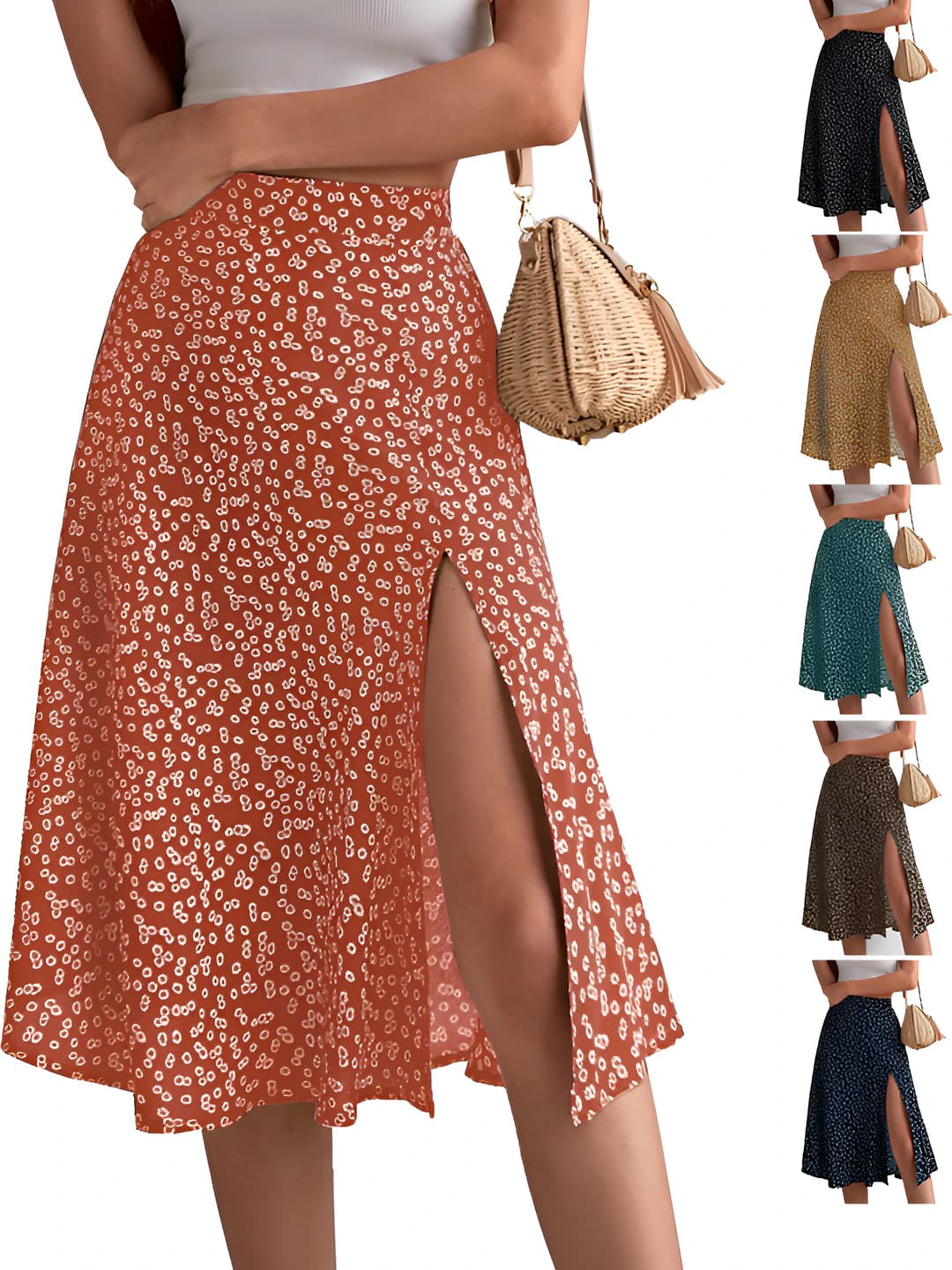 Women's summer A-line floral long skirt, with zip, stretch, polyester