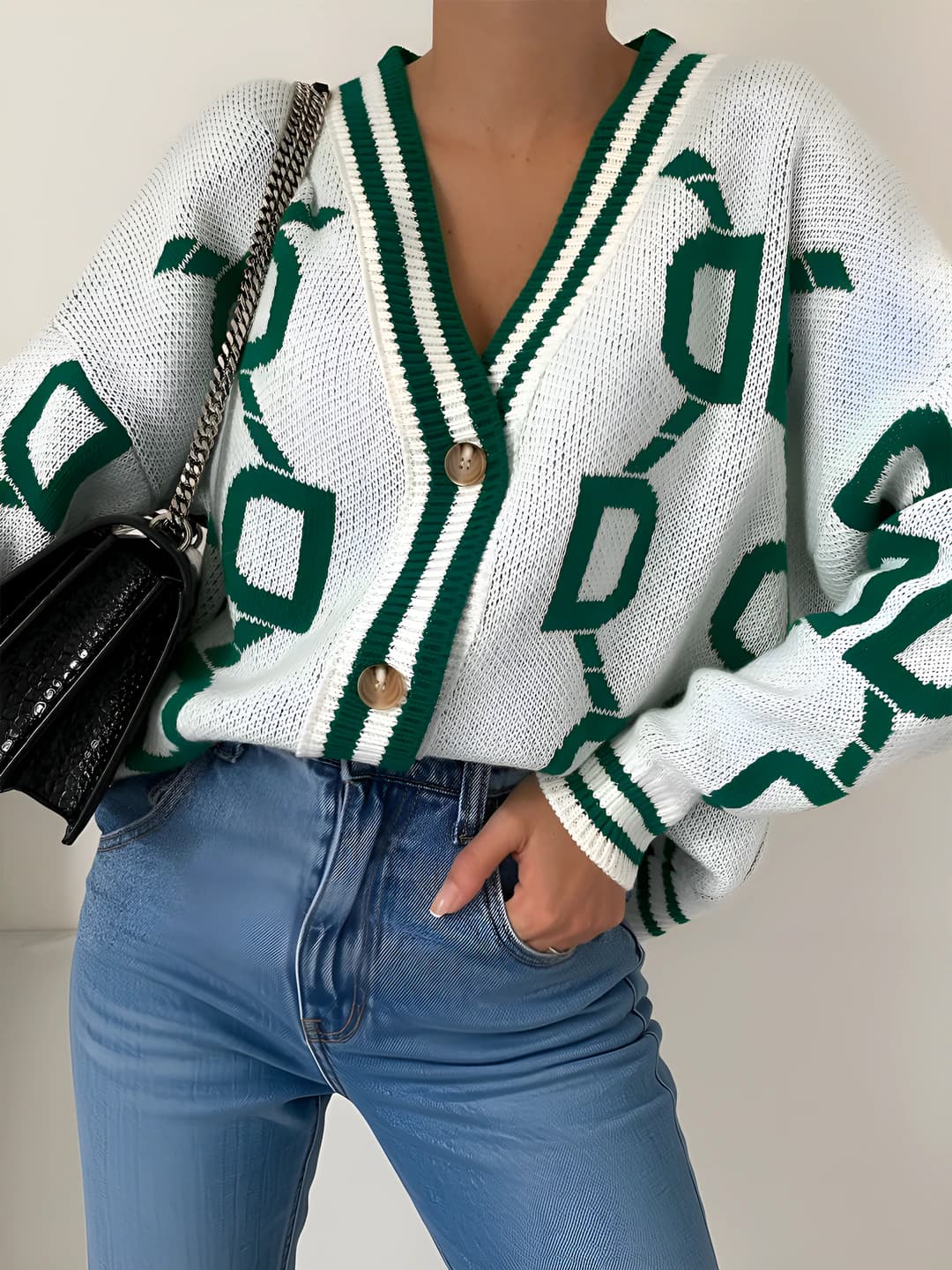 Women's autumn-winter knit cardigan, loose fit, V-neck, long sleeve, geometric pattern, cashmere blend, urban commute style