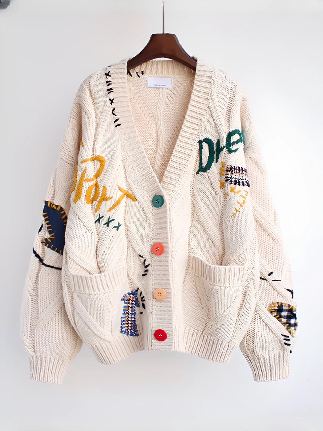Women's autumn-winter loose fit knit cardigan, V-neck, long sleeve, embroidered and patch design