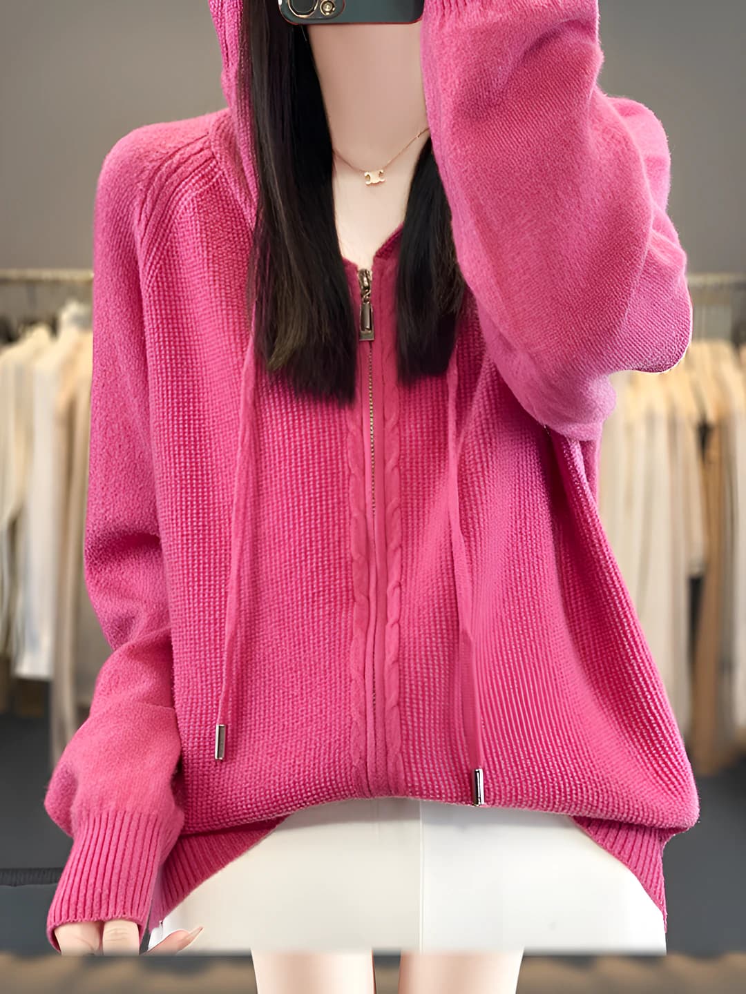 Women's zip-front knit cardigan, Korean style, loose fit, long sleeve, autumn-winter 2026