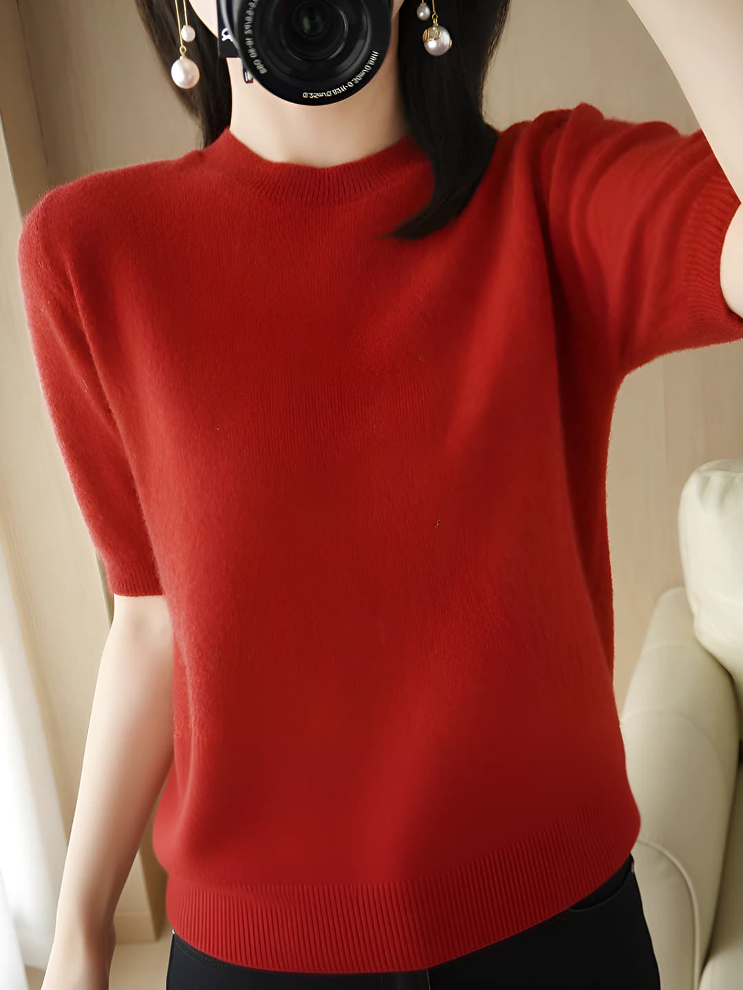 Women's summer crew neck knit top, slim fit, solid colour, black, short sleeve